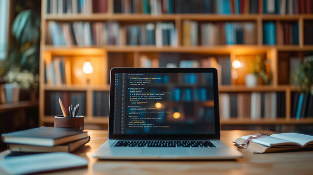 A cozy workspace with a laptop displaying code, surrounded by books and stationery in a warm, inviting library setting