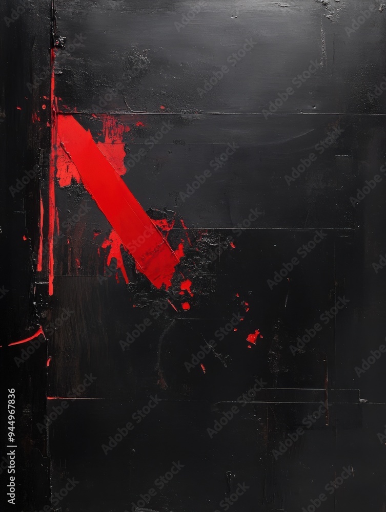Poster abstract painting featuring bold red strokes against a dark background, creating a striking visual c