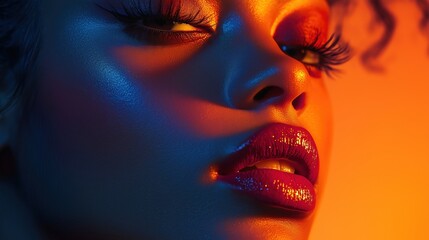 Captivating Close Up Portrait of Dramatic Facial Features with Vibrant Lighting and Moody Tones