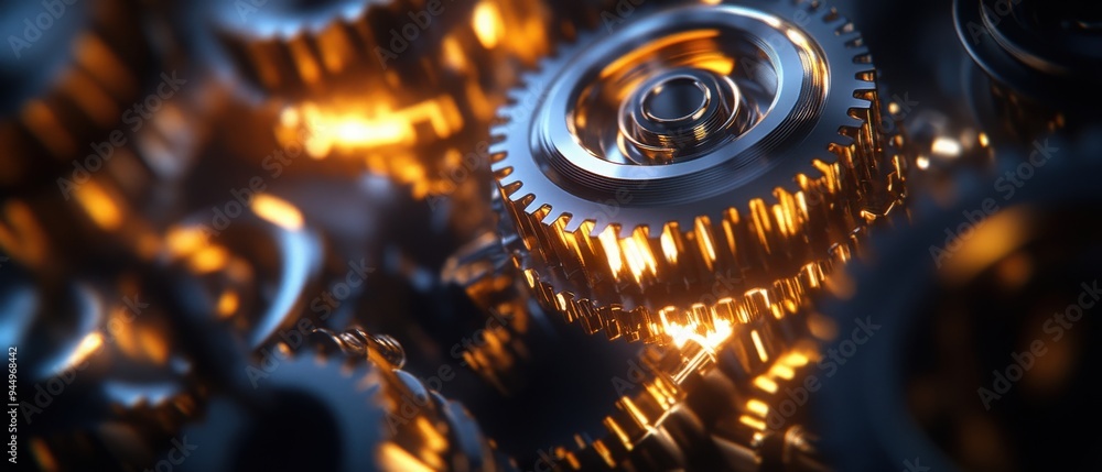 Poster Close-up view of mechanisms with shining gears, highlighting intricate details and reflections, perfect for themes of engineering and machinery.