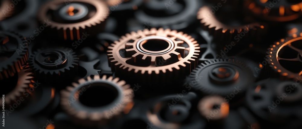Poster close-up view of various mechanical gears showcasing intricate details and textures in a dark, indus