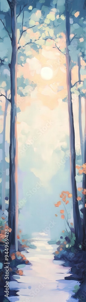 Poster serene forest scene with tall trees and soft sunlight filtering through leaves, creating a tranquil 