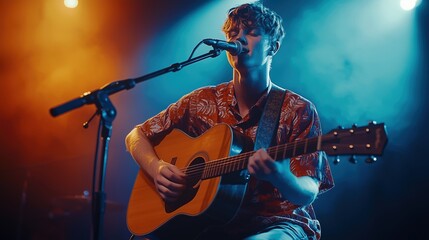 Obraz premium Young Male Musician Performing on Stage with Acoustic Guitar During Concert