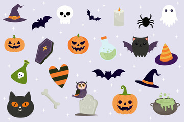 Cute vector set with Halloween illustrations: pumpkin, ghost, cat, bat, potion, bone, skull, grave slab, coffin, owl, witch hat. flat illustration.