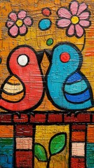 Obraz premium Romantic Madhubani-Inspired Valentine's Day Scarf Design: Love Birds Amidst Floral Patterns. Traditional Indian Folk Art Meets Modern Accessory in Vibrant Abstract Composition. Cultural Heritage Reima