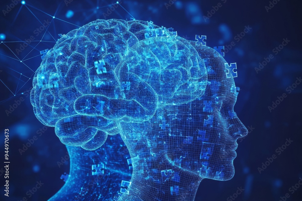 Poster cybernetic brain overlays in a modern setting showcasing technological influence on cognition