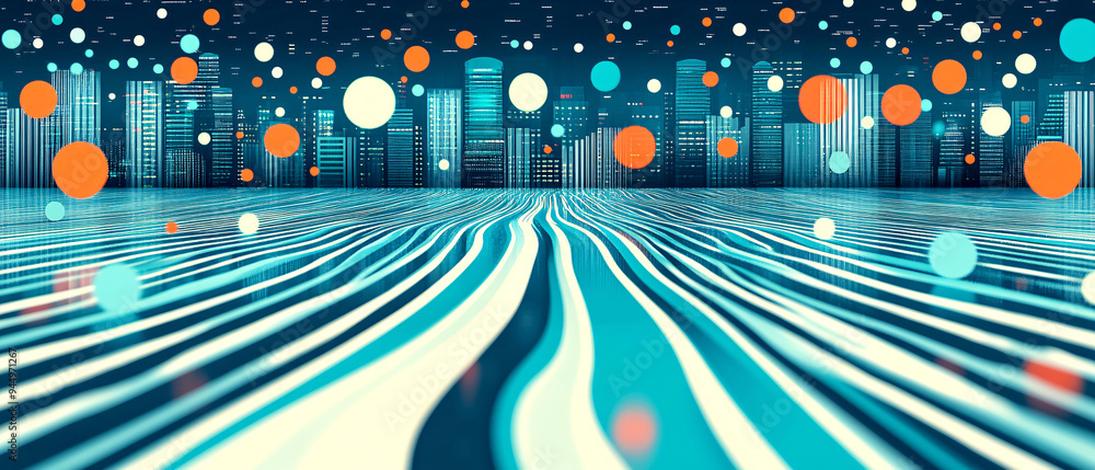 Poster a mesmerizing abstract scene featuring colorful orbs over dynamic striped patterns, evoking a sense 