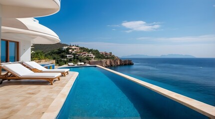 Fototapeta premium AI-Generated image of: Terrace in villa with sunbeds and swimming pool with clear blue water with stunning sea view and sky. Summer resort hotel vacation concept.