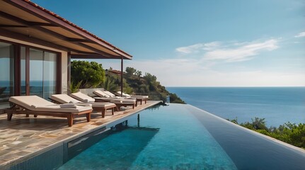 Obraz premium AI-Generated image of: Terrace in villa with sunbeds and swimming pool with clear blue water with stunning sea view and sky. Summer resort hotel vacation concept.