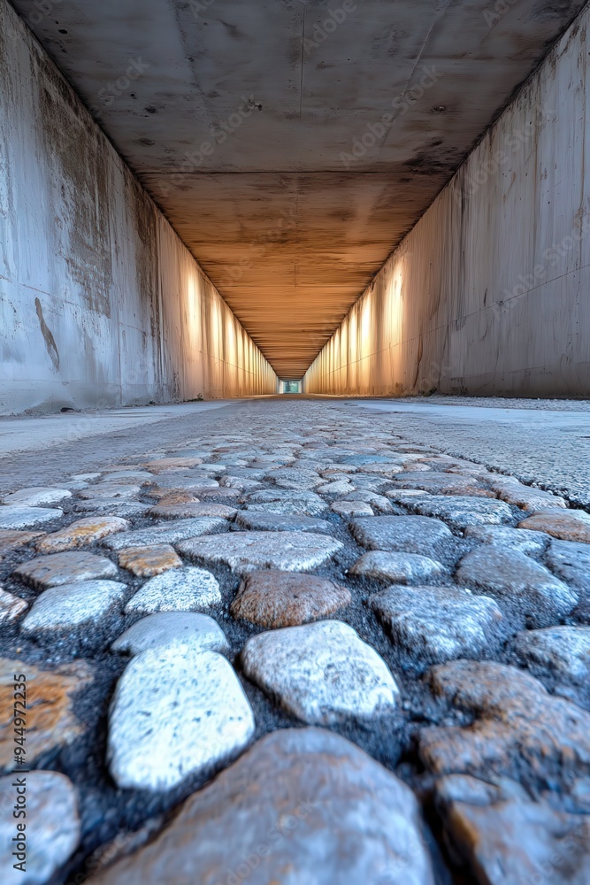 Poster a cobblestone path leads through a modern tunnel illuminated by soft lights, creating a serene and i