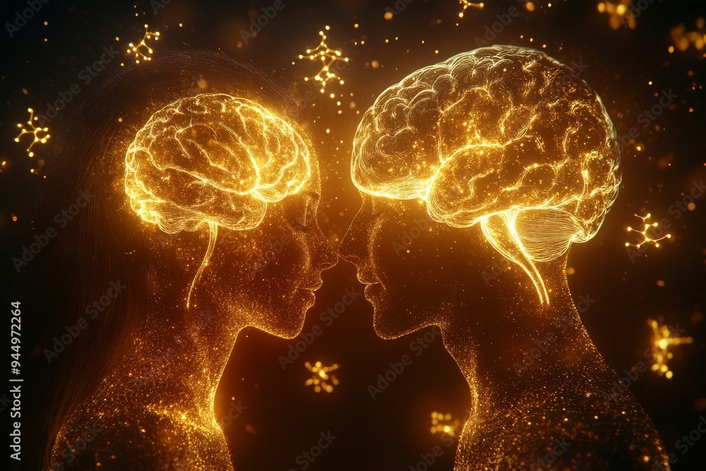 Poster intertwined brains set against a technological backdrop exploring the nexus of human interaction and