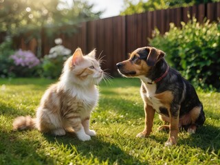 Obraz premium cat and puppy dog playing in the garden