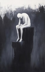 Obraz premium A contemplative figure sitting on a dark pedestal, expressing solitude and introspection through abstract art.