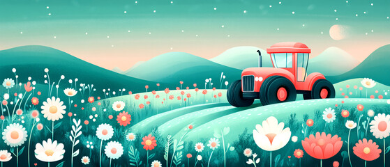 A vibrant tractor in a colorful meadow, surrounded by flowers and rolling hills, under a starry sky at dusk.