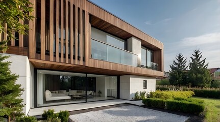 AI-Generated image of: Modern luxury minimalist cubic house, villa with wooden cladding and panel walls and landscaping design front yard. Residential architecture exterior. 
