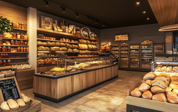 Modern Bakery Interior with Fresh Artisan Breads and Pastries Display