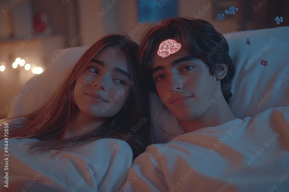 Poster intimate couple illuminated by digital brain patterns visualizing the fusion of technology and perso