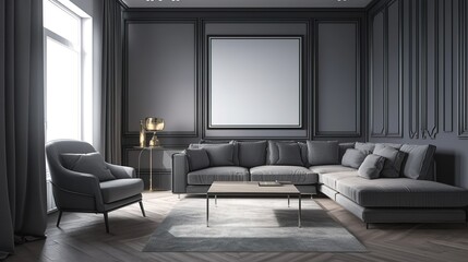 Mockup poster frame on the wall of living room. Luxurious apartment background with contemporary design. Modern interior design. 3D render, 3D illustration