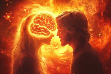 Neon brains engaged in a colorful conversation depicting vibrant thought exchanges in a futuristic setting