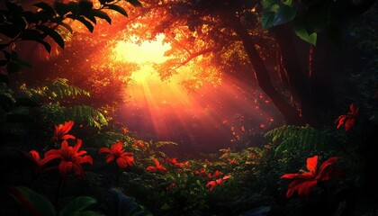 A magical forest scene illuminated by sun rays, showcasing vibrant flowers and lush greenery, evoking a sense of tranquility and wonder.
