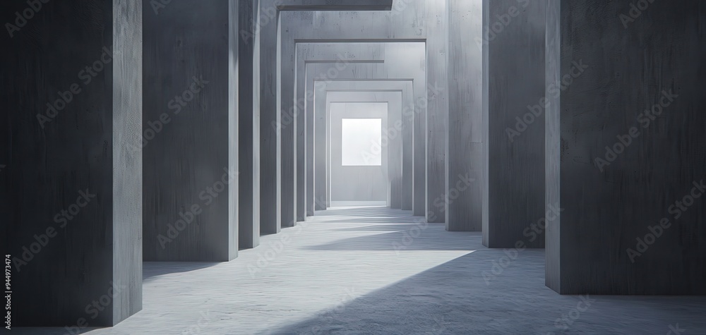 Poster a modern architectural corridor with light streaming through an open space, showcasing minimalism an