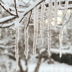 Crystalline Icicles Hanging from Snow-Covered Branches in Winter
