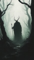 A mysterious figure with antlers looms in a foggy forest, creating an eerie atmosphere of intrigue and magic.