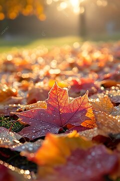 A close-up shot of dew-covered autumn leaves lying on the ground, with the sunlight filtering through and highlighting the rich colors of the season
