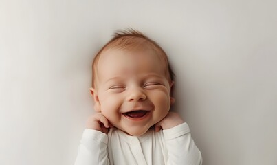 Fototapeta premium Portrait newborn baby happy over white background, topview. 