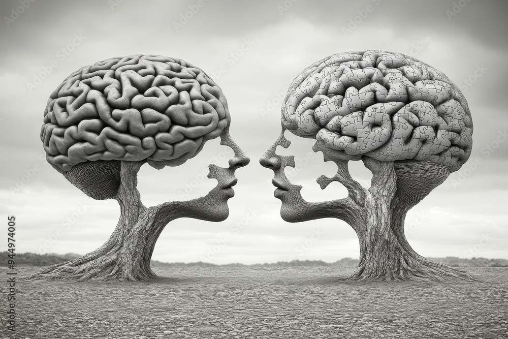 Poster stylized brains forming a connection over a neutral background representing logical and emotional in