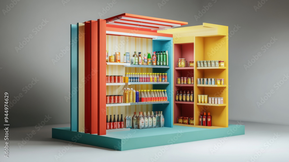 Poster colorful 3d display stand with lifelike product renderings and realistic visual details for an