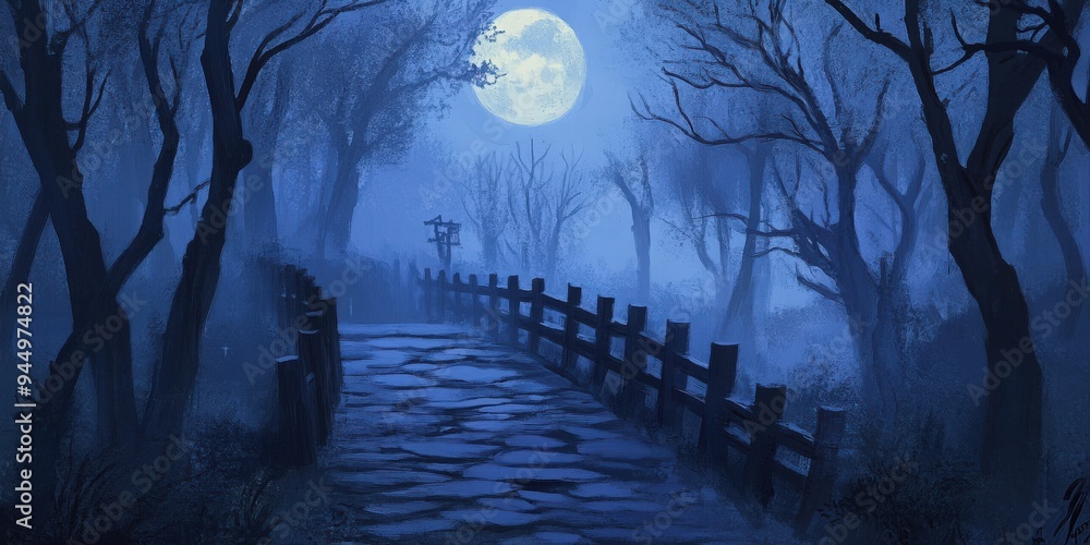 Poster a serene path winds through a dark forest under a luminous moon, creating an enchanting, mysterious 