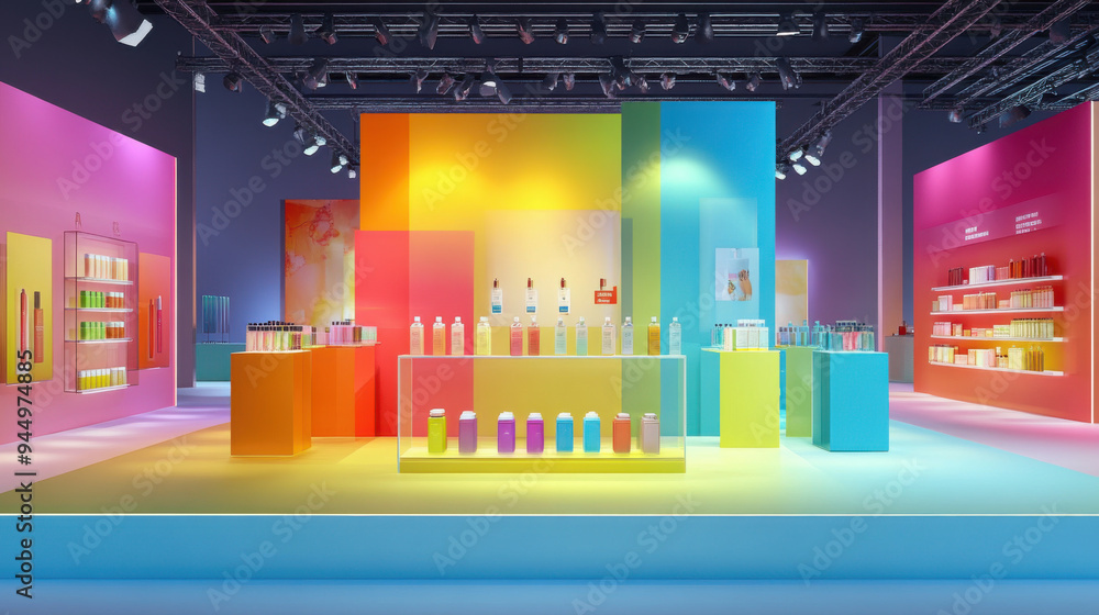 Poster colorful 3d display stand with lifelike product renderings and realistic visual details for an
