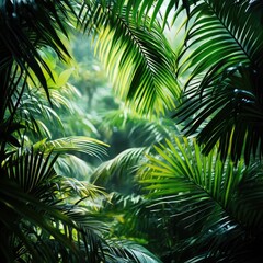 Obraz premium Lush Dense Jungle Backdrop with Vibrant Cascading Palm Leaves