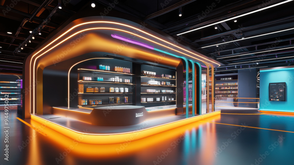 Poster colorful and realistic 3d display platform with dynamic lighting, showcasing detailed product