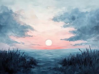A serene sunset landscape with tranquil waters and soft clouds, creating a peaceful atmosphere perfect for relaxation.