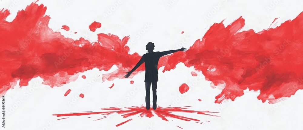 Poster a silhouette of a person amidst a splash of red, symbolizing expression and emotion in abstract art.