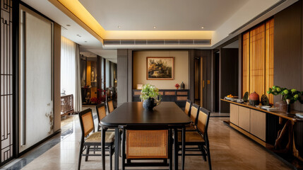 Fototapeta premium Contemporary dining area with Chinese-inspired decor, featuring elegant minimalism