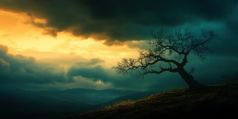 A solitary tree stands against a dramatic sky, showcasing the beauty of nature and the transition of light at dusk.