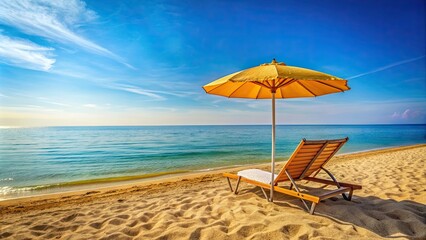 Fototapeta premium Idyllic beach scene with umbrella and sunbed on the Adriatic coast in Italy, Europe during a sunny summer day, Adriatic sea