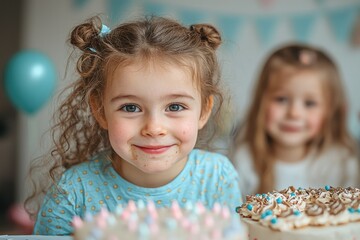Fototapeta premium Cheerful young girl with curly hair celebrating birthday party