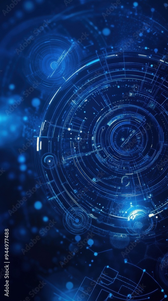 Poster abstract digital background featuring intricate patterns and glowing effects in deep blue tones, per