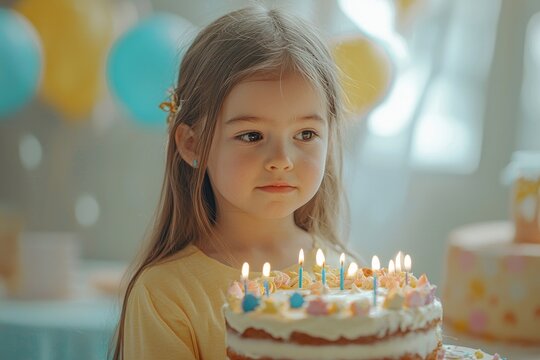 Young girl with blonde hair holding birthday cake with lit candles