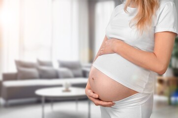 Young happy pregnant woman posing at home