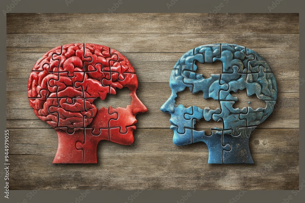 Poster rustic wooden puzzles in brain shapes on a textured backdrop depicting cognitive complexities