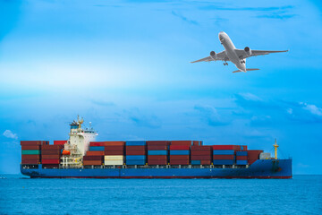 Aerial view of the freight shipping transport system cargo ship container. international...