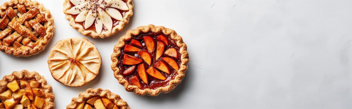 A beautiful display of freshly baked fruit pies arranged on a light surface, showcasing a variety of flavors and decorative crusts