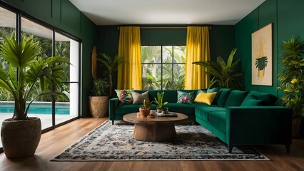 Modern living room with green velvet sectional sofa, yellow curtains, and wood floor.