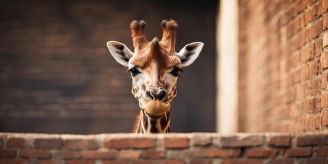 Curious giraffe peeking over a brick wall in sunlight.