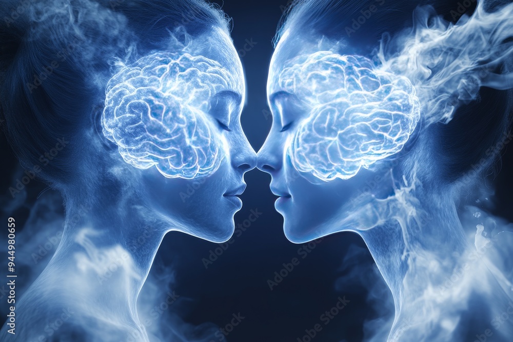 Poster intimate portrayal of two people with interlocking brains symbolizing a deep mental connection